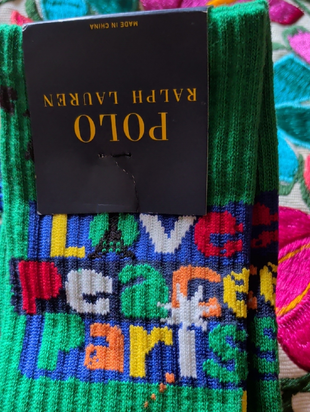Ralph Lauren Green 'Love Peace' Graphic Crew Socks with Multicolor Accents - Picture 6 of 6